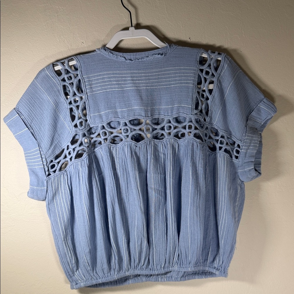 Free People Light Blue Crochet Yoke Button-Up Top - Picture 3 of 5